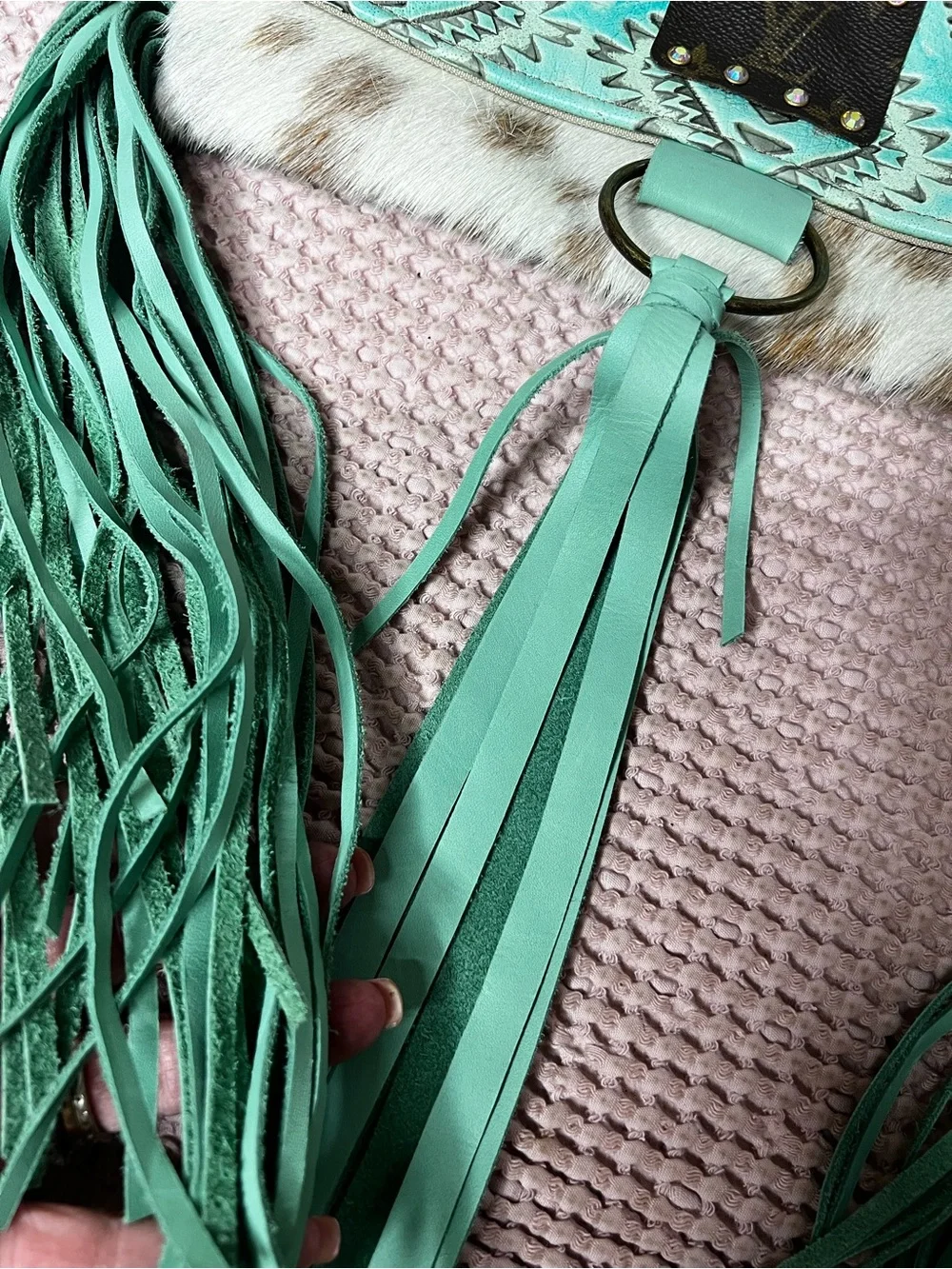 Keep It Gypsy Cowhide Turquoise Fringe Upcycled LV Crossbody Bag